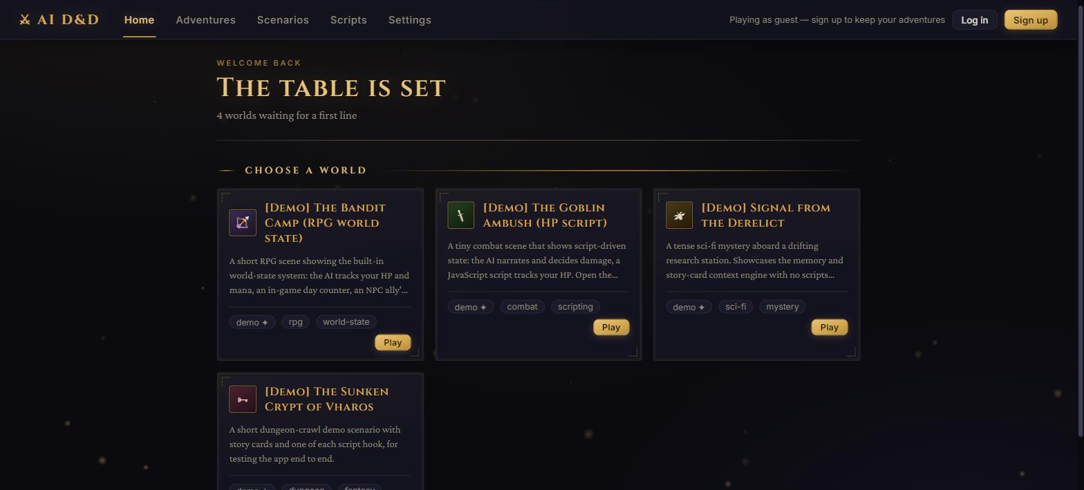 The home page, showing stories in progress alongside scenarios to start from
