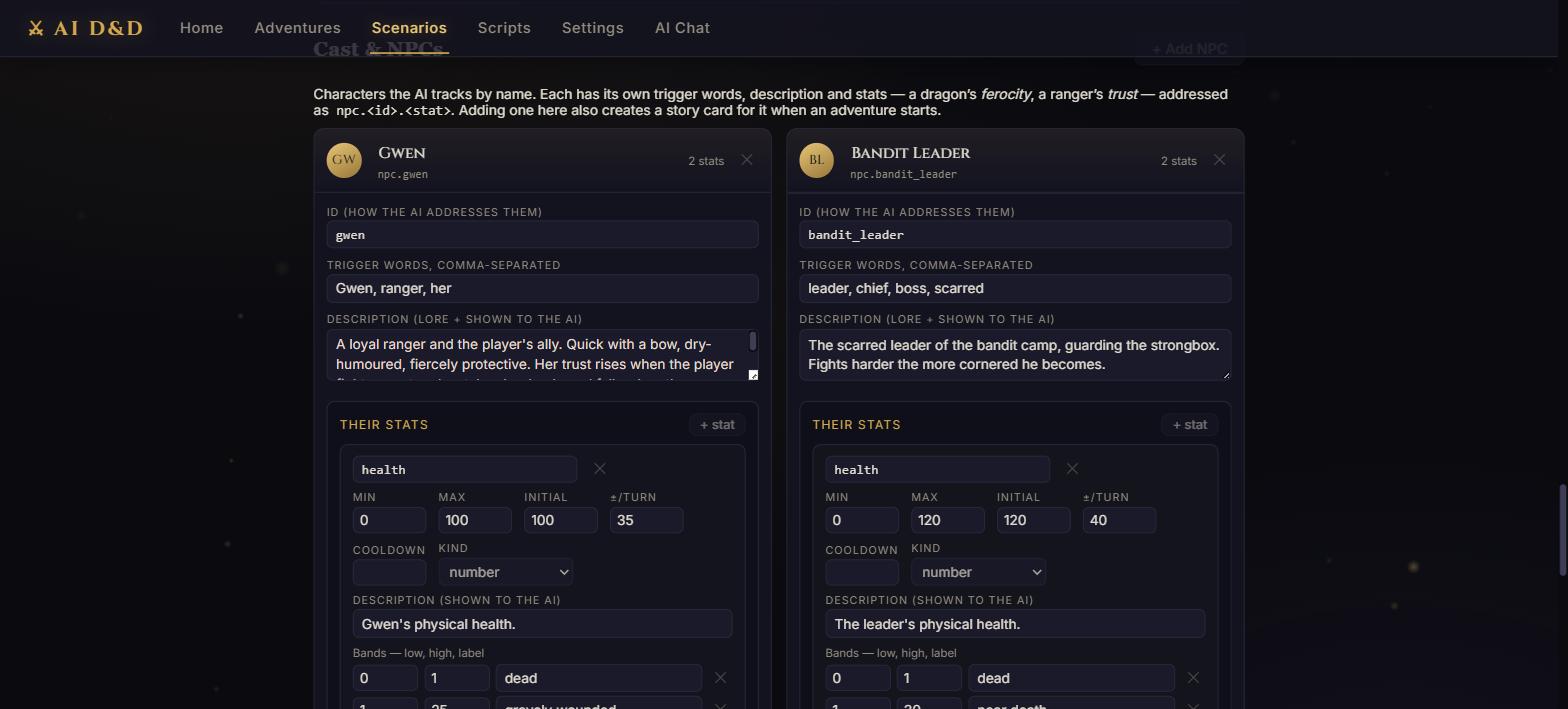 The scenario editor showing NPC stats with ranges, per-turn caps, cooldowns and labelled bands