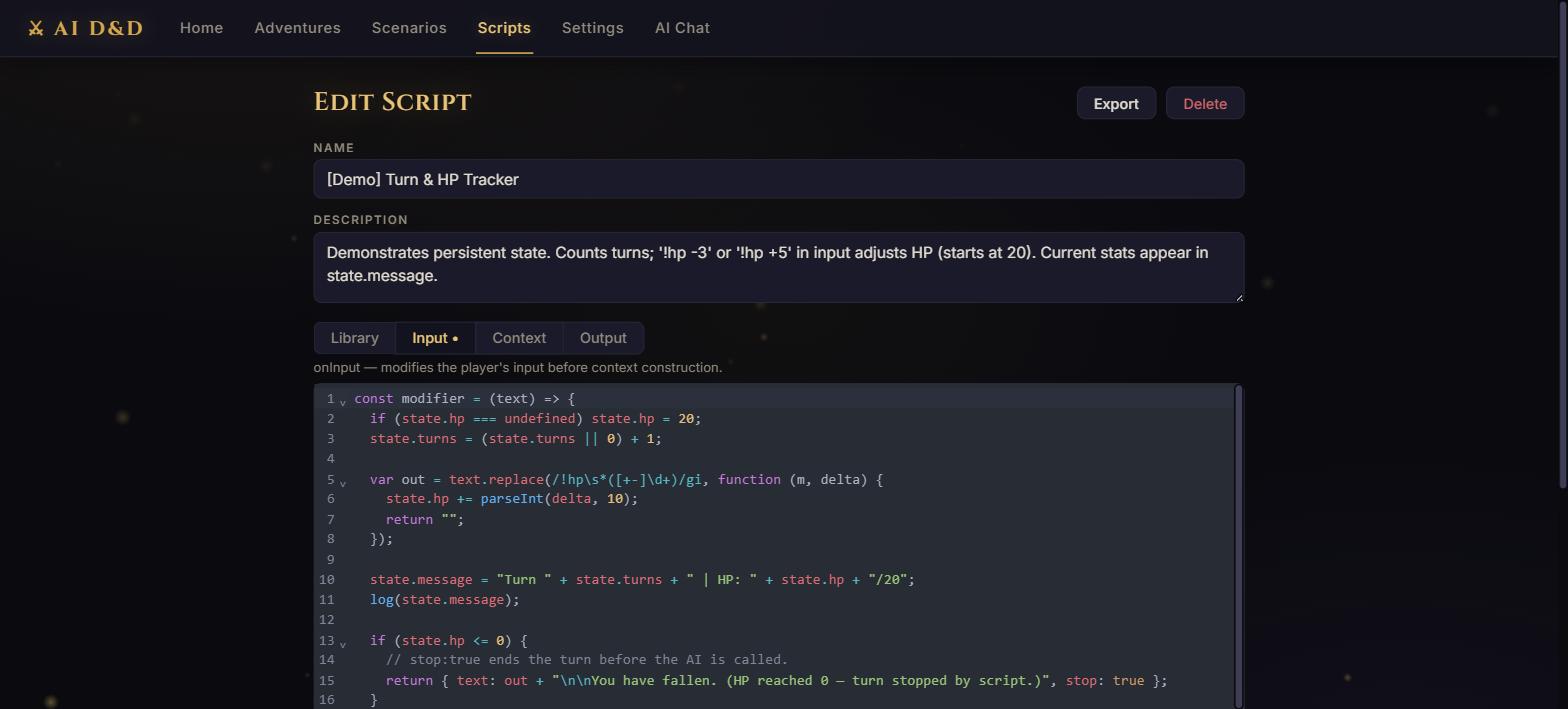 The in-app script editor showing an input hook written in JavaScript